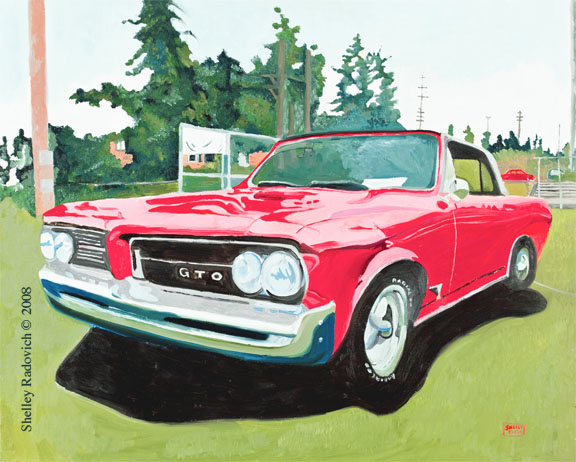 Art print of a painting of a red 1964 Pontiac GTO.