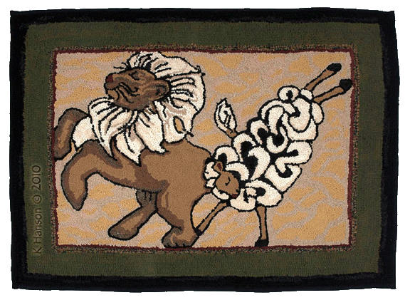 OOAK americana folk art hand hooked wool rug of a lion and a lamb dancing/playing.  This unique, original design features a black and green border.  Made from wool strips, which are hand crafted onto a cotton monks cloth backing; finished with a cotton twill on the underside edge.  This rug, which is for sale, can be used as a fireplace or hearth rug.