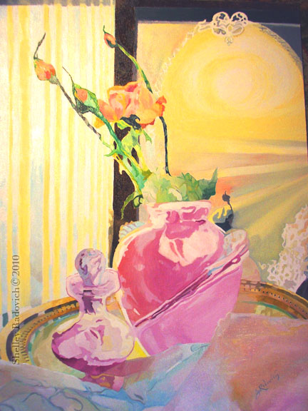 Floral still life oil painting on canvas, and colorist in application.