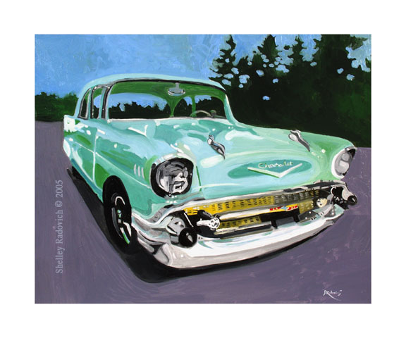 Art print of a painting of a green 1957 Chevy, by Shelley Radovich.