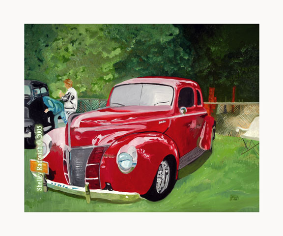 Art print of a painting of a red 1940 Ford, by Shelley Radovich.