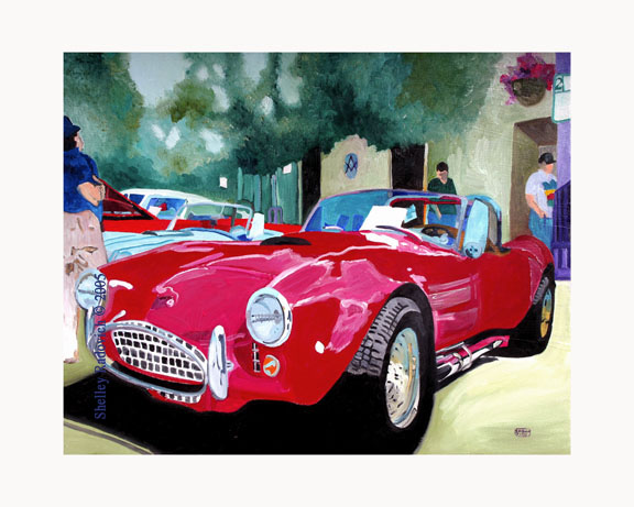 Art print of a painting of a blue Shelby Cobra, by Shelley Radovich.