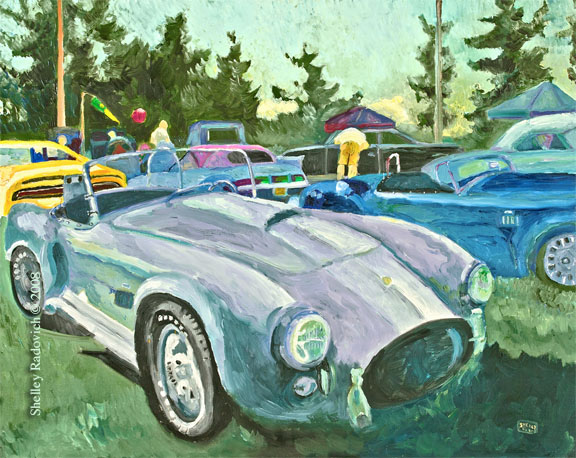 Art print of a painting of a silver Shelby Cobra, by Shelley Radovich.