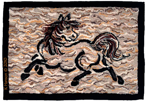 OOAK americana folk art hand hooked wool rug of a running horse or pony.  This unique, original design features a black border and a confetti background.  Made from wool strips, which are hand crafted onto a cotton monks cloth backing; finished with a cotton twill on the underside edge.  This rug, for sale, can be used as a fireplace or hearth rug.
